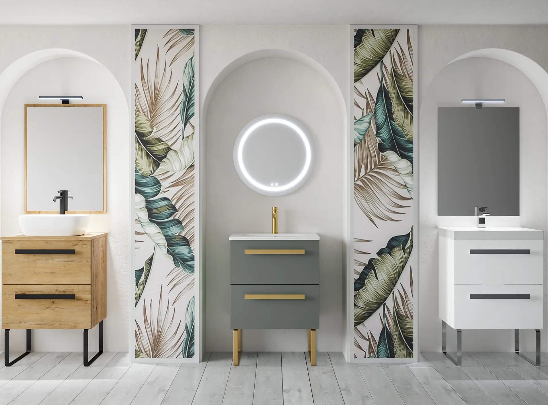 Conjuntos de baño con diferentes muebles, acabados y espejos
