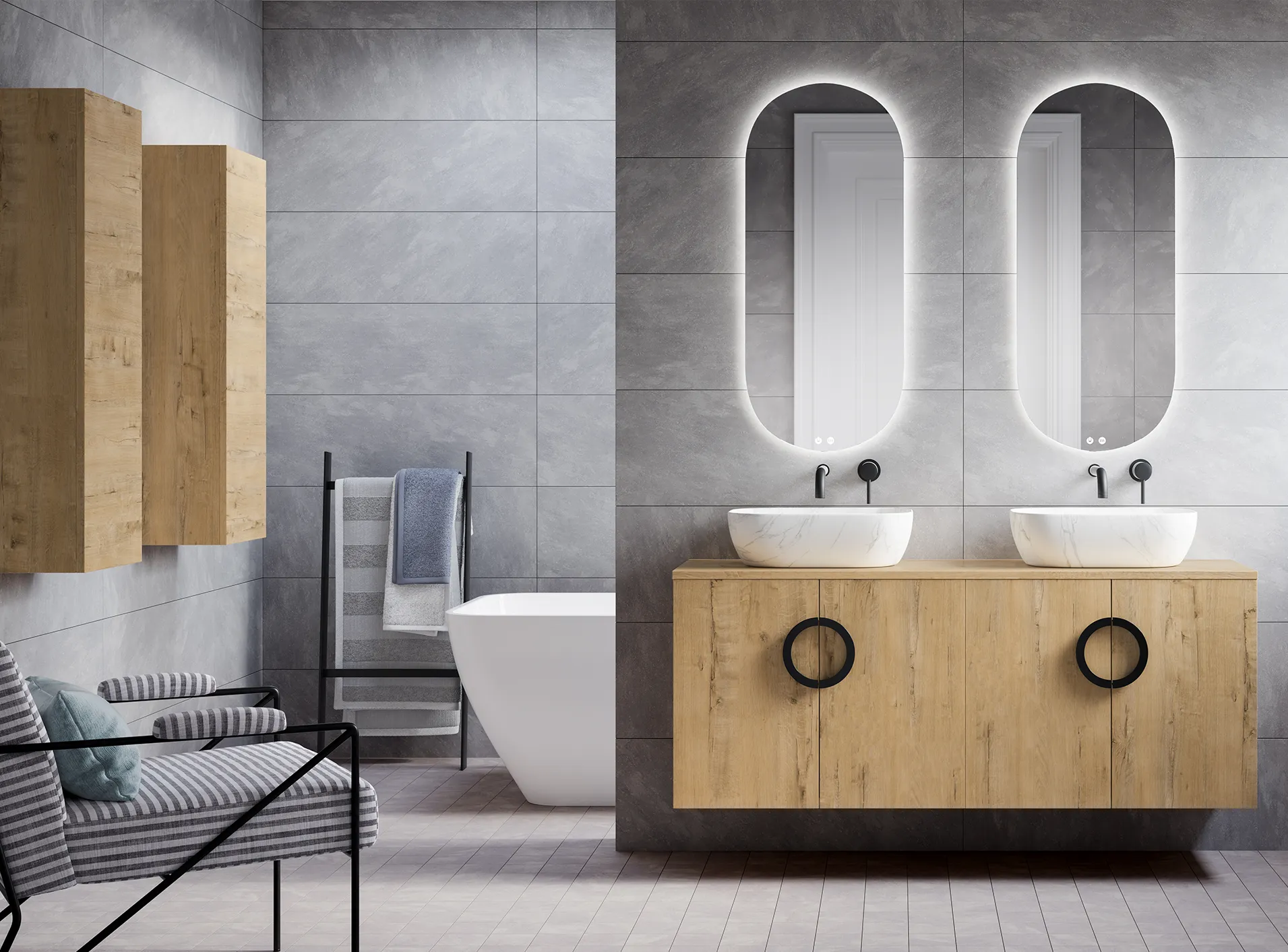 Mueble de baño en madera con dos lavabos y espejos iluminados